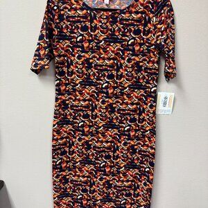 LuLaRoe Julia  Dress Navy Orange Abstract Modern NWT size S